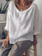 Blouse Femme Lin Blanc Décontractée Manches 3/4