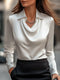 Satin blouse for women with draped neckline – Elegant long-sleeve top for work and evenings